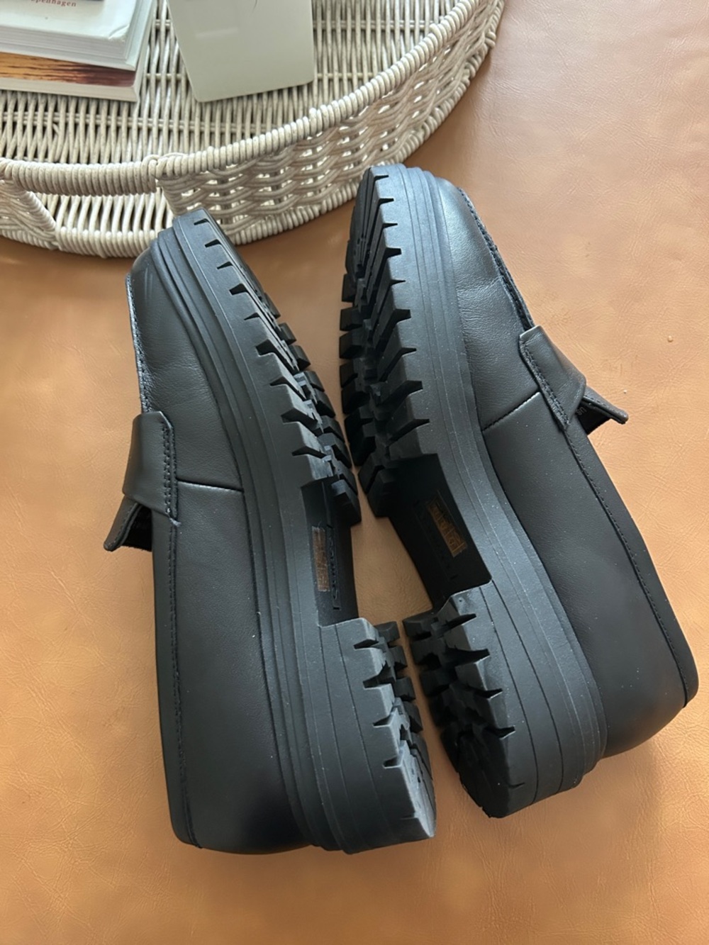 Black Leather Lug-Sole Penny Loafers - Women's - Picture 6 of 9